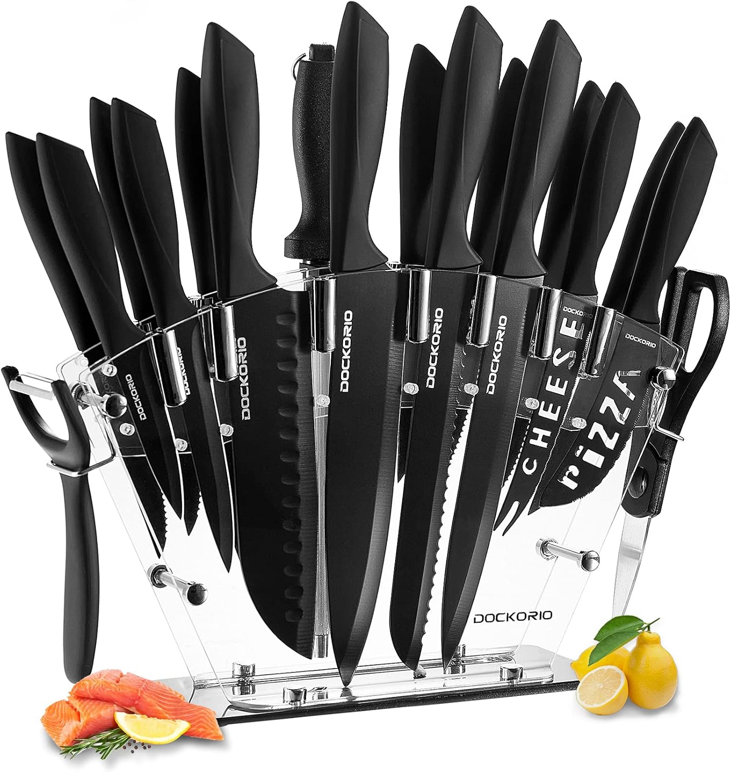 High Carbon Stainless Steel.
Includes: 8'' Chef Knife, 8'' Bread Knife, 8'' Carving Knife, 7'' chef Knife, 5.5'' Tomato Knife, 5'' Cheese Knife, 5'' Utility Knife, 4.5'' Steak Knife x 6pcs, 4.5'' Pizza Knife, 3.5' Paring Knife as well as Peeler, Shears, Sharpener and Acrylic Stand for all cutting needs.